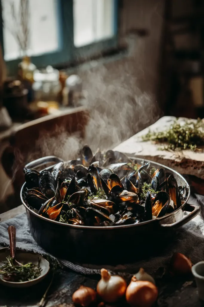 Moules juste cuites dans une marmite avec vapeur et herbes fraîches