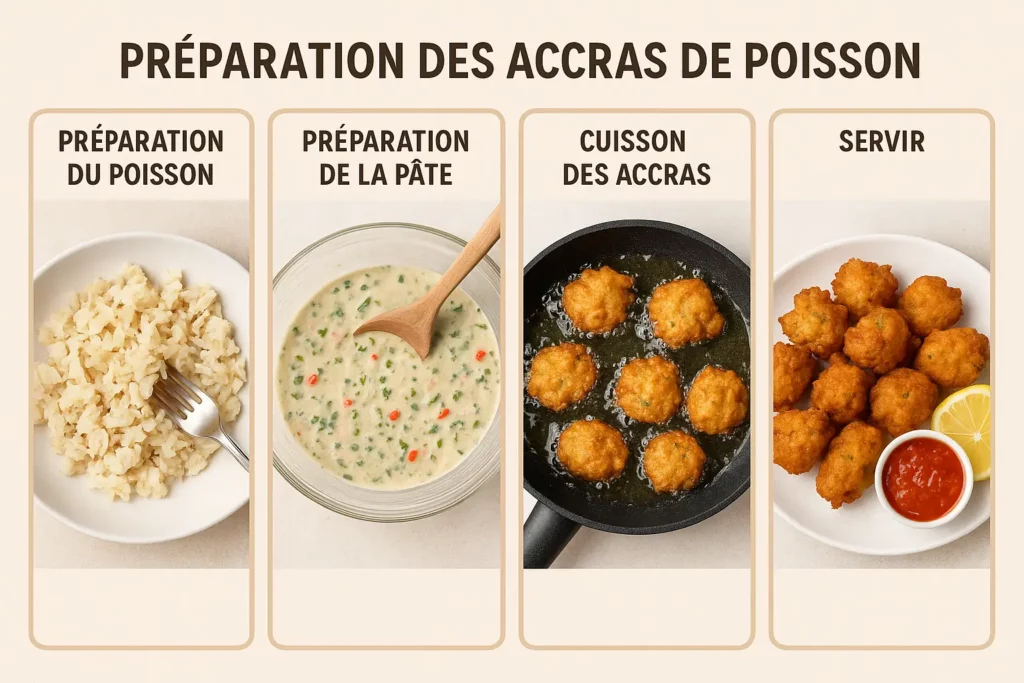 Quatre étapes visuelles montrant comment préparer les accras de poisson de la pâte à la friture.