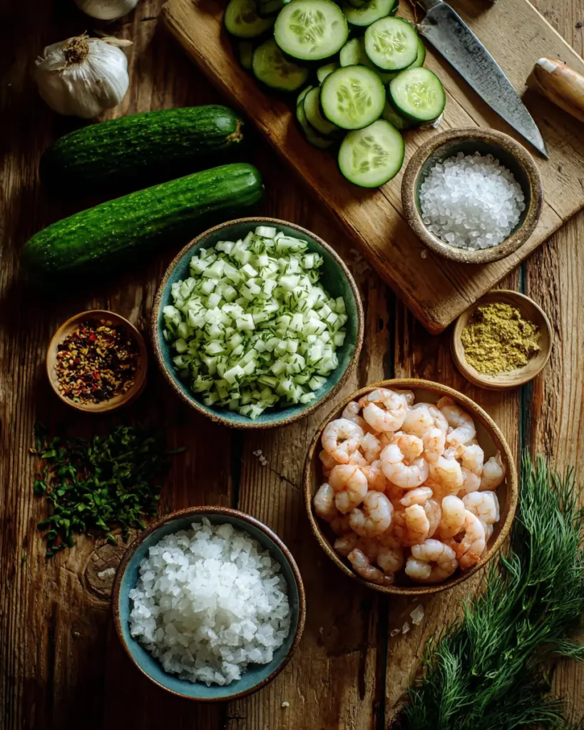 Ingrédients frais pour un tartare de concombre aux crevettes