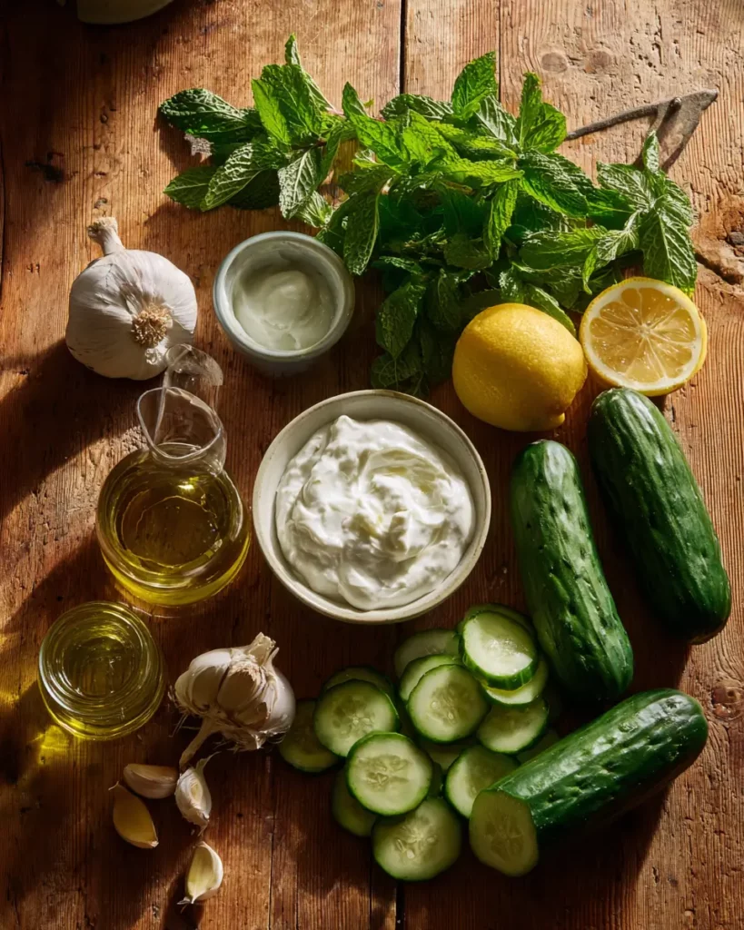 Ingrédients pour préparer une sauce yaourt concombre sur un plan de travail en bois.