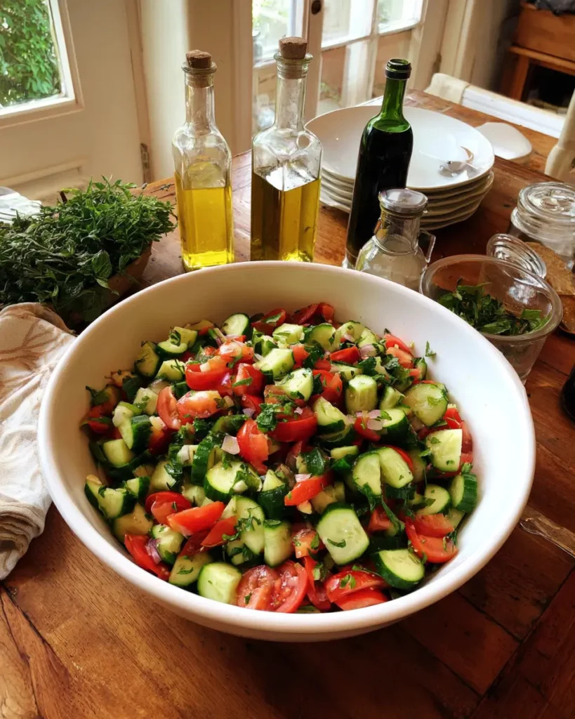 Ingrédients de base pour une salade concombre et tomate sur une table de cuisine
