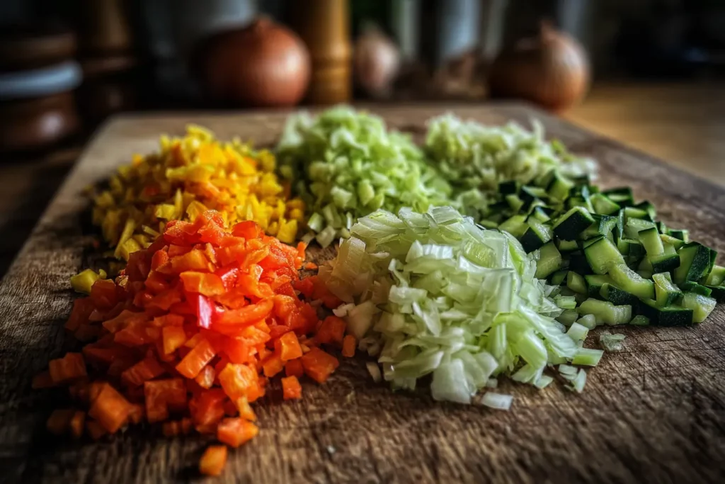 Assortiment de légumes crus coupés finement sur une planche en bois