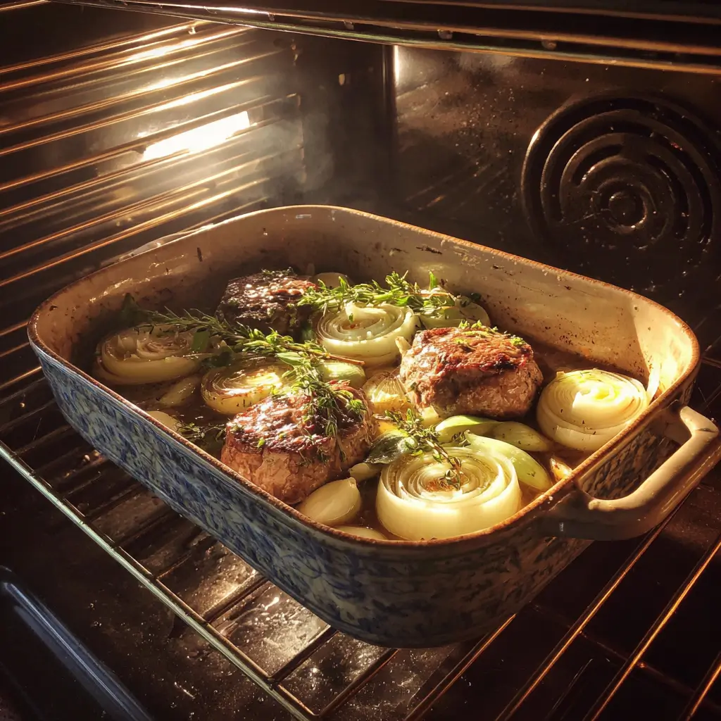 Des paupiettes de veau dorées mijotent au four avec oignons et herbes.