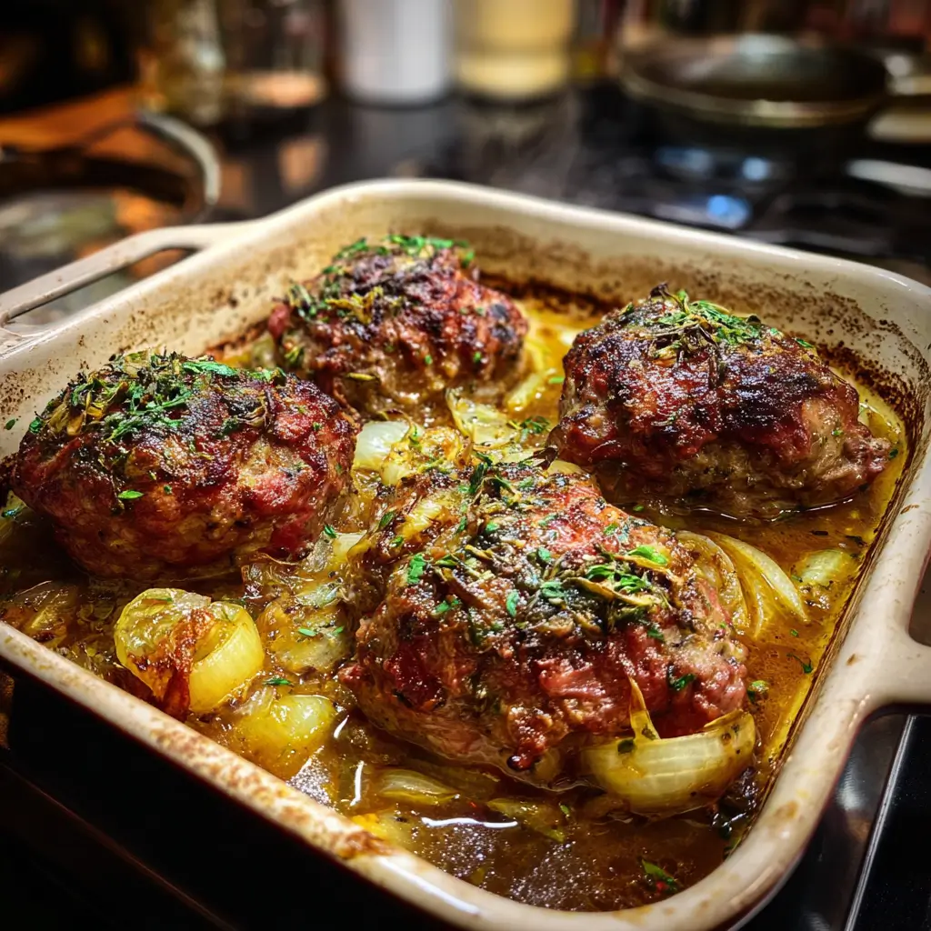 Des paupiettes de veau reposent dans leur jus parfumé après cuisson.