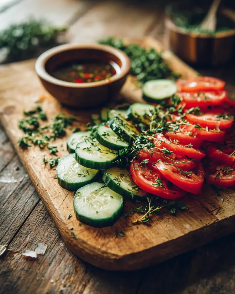 Concombre et tomates tranchés sur une planche en bois avec une vinaigrette à côté