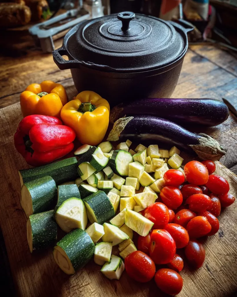 Légumes d'été frais coupés prêts à être confits au four dans une cocotte