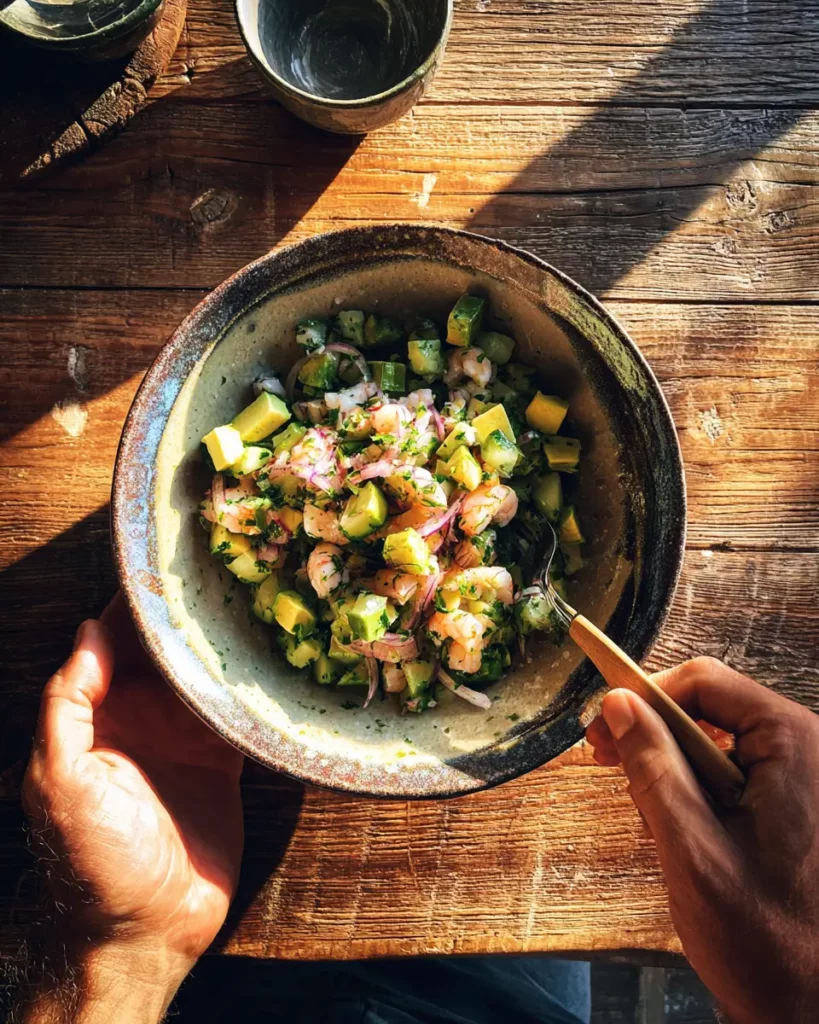 Mélange des ingrédients d’un tartare crevettes concombre dans un grand bol