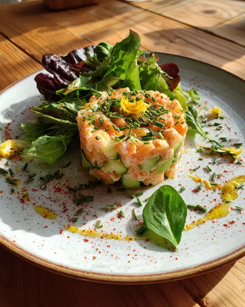 Tartare de crevettes et concombre joliment dressé à l’assiette