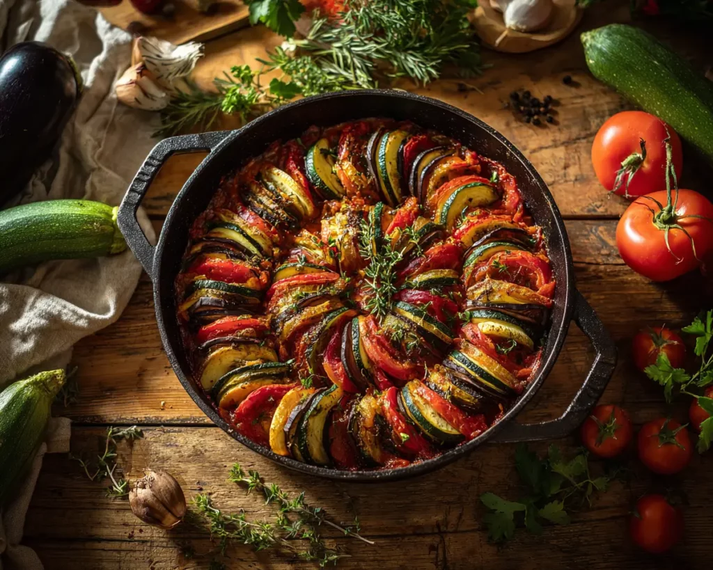 Ratatouille confite sortie du four dans une cocotte en fonte sur une table en bois