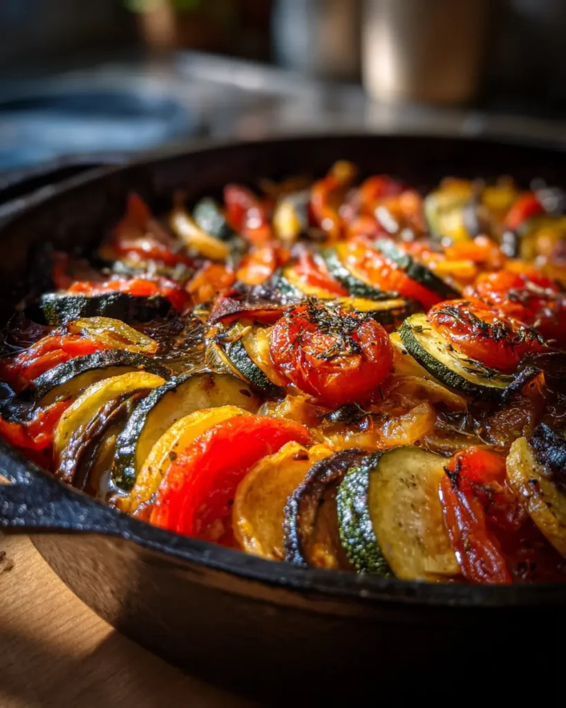 Ratatouille confite sortie du four, aux légumes fondants et légèrement caramélisés