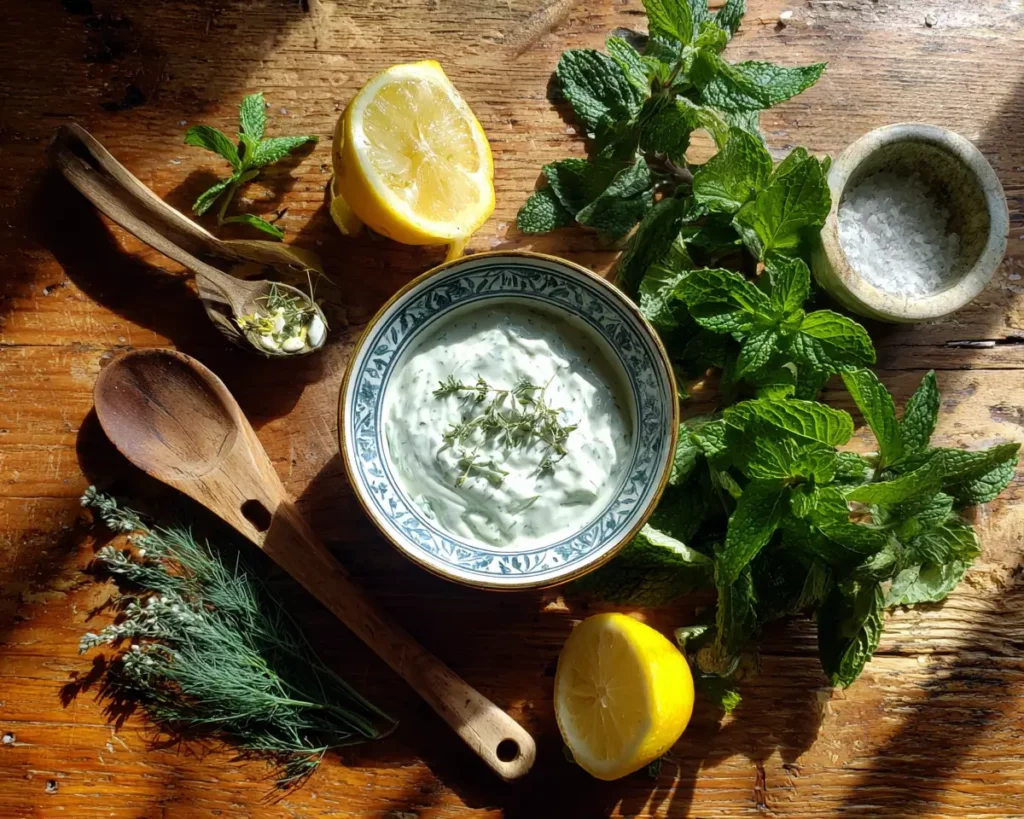 Une sauce yaourt au concombre maison servie dans un bol sur une table en bois avec des herbes fraîches.