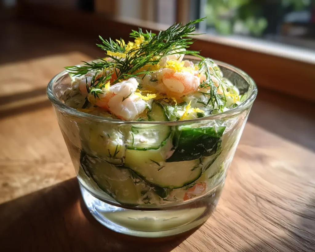 Tartare de concombre aux crevettes servi dans un petit bol en verre
