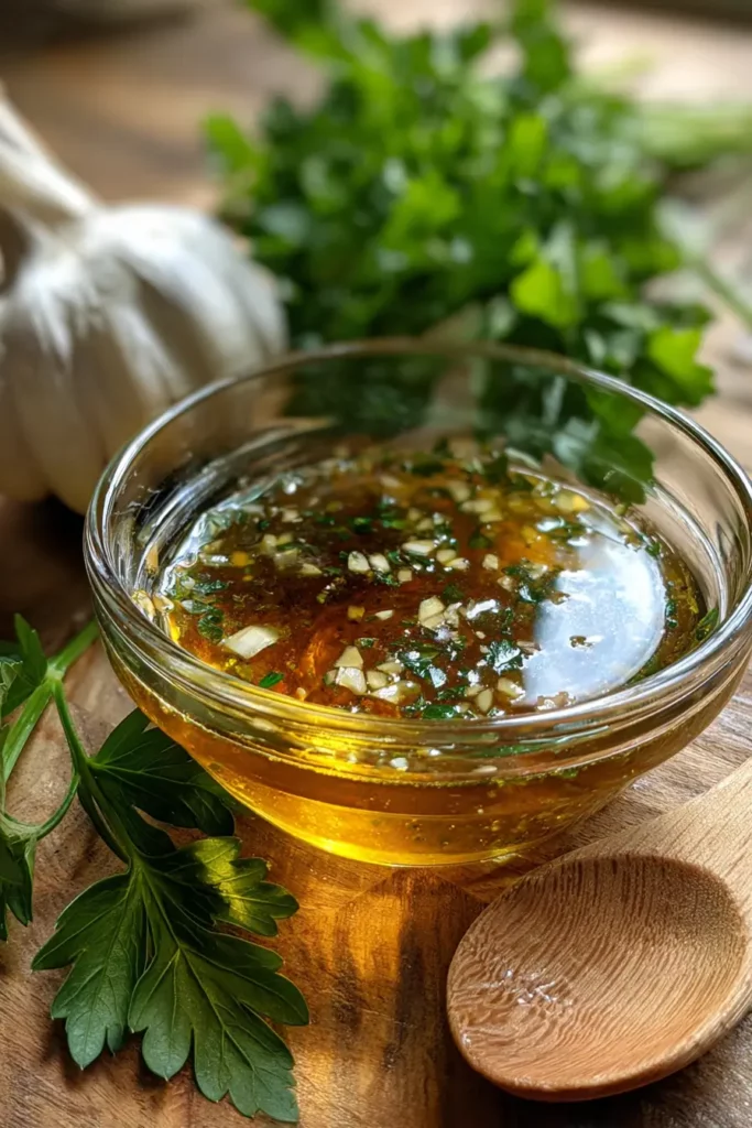 Vinaigrette maison aux herbes et échalotes dans un bol en verre
