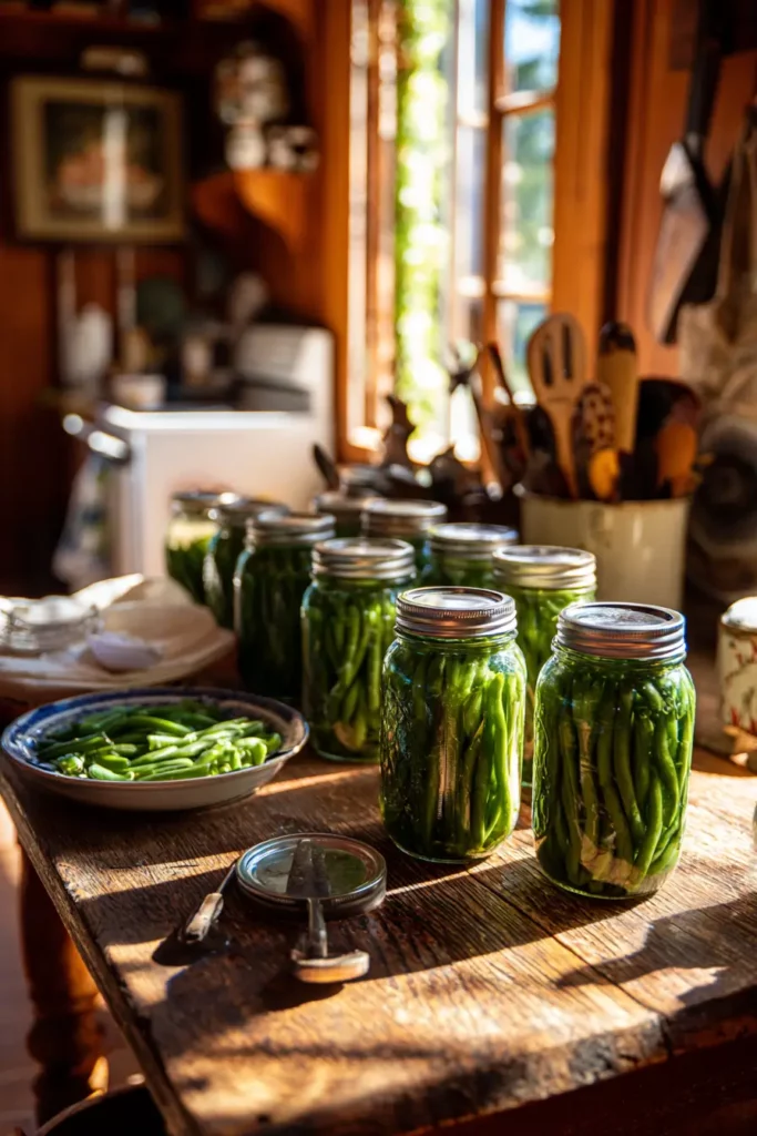 Des bocaux de haricots verts faits maison alignés sur une table de cuisine rustique.