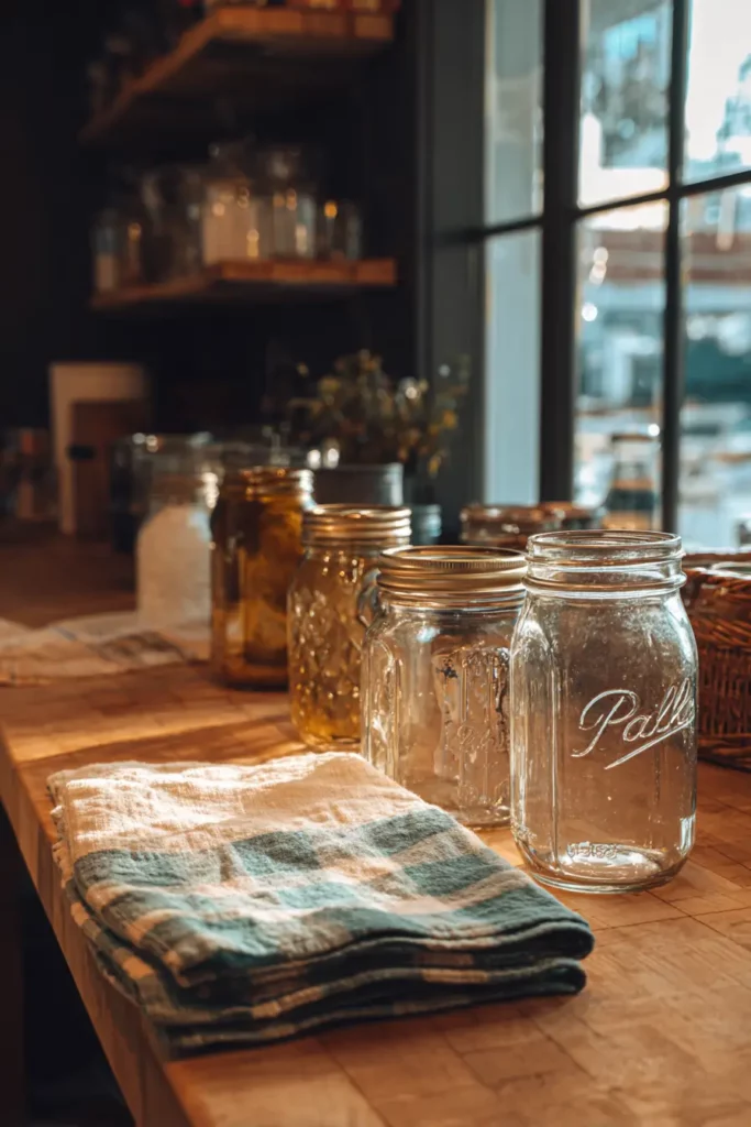 Différents bocaux propres alignés sur une table de cuisine, prêts pour la mise en conserve.