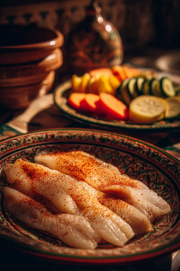 Des filets de poisson blanc assaisonnés, prêts à être cuisinés dans un tajine avec des légumes.