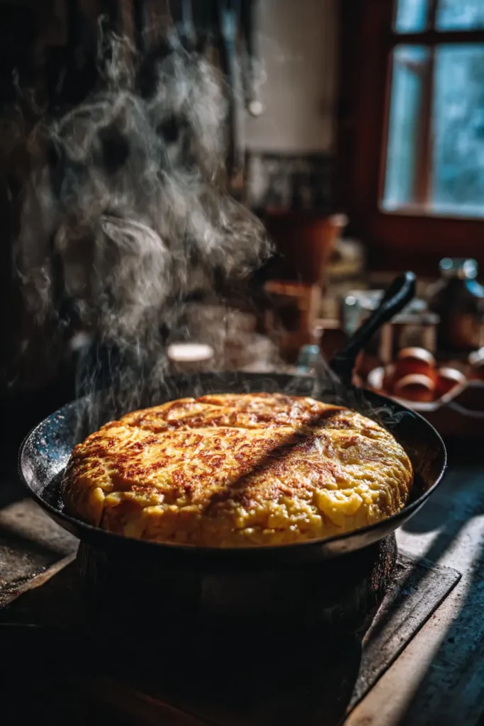 Une tortilla de pommes de terre dorée en train d’être retournée dans une poêle en fonte.