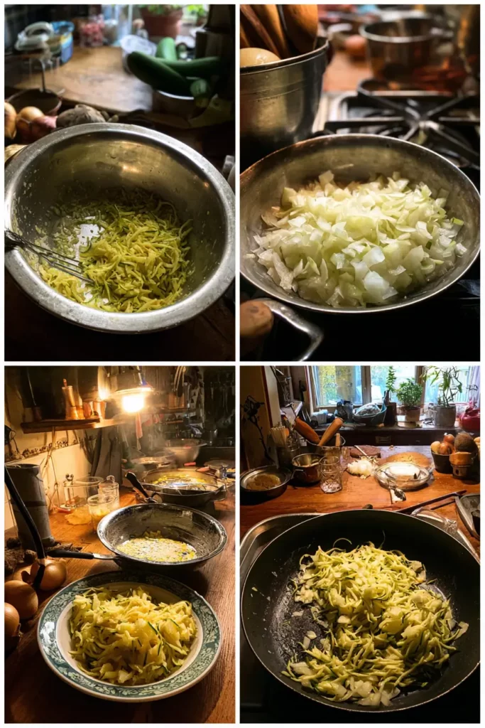 Préparation de la Scarpaccia avec courgettes râpées, oignons dorés, et pâte mélangée dans une cuisine chaleureuse.