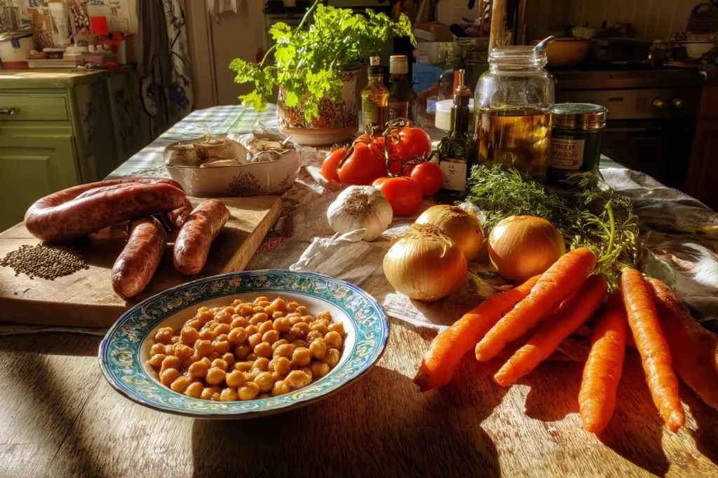 Ingrédients crus posés sur une table rustique pour préparer un ragout de pois chiches à la saucisse fumée