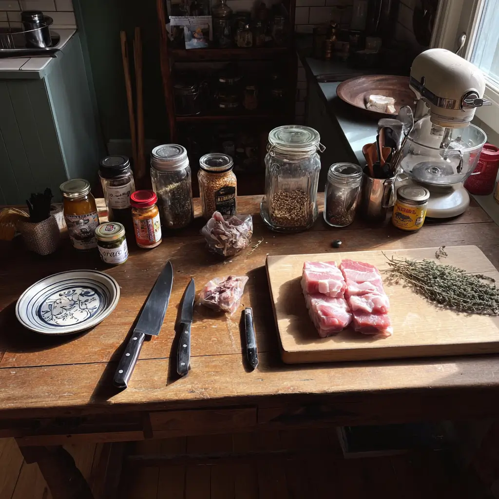 Ustensiles de cuisine et ingrédients pour préparer de la charcuterie maison