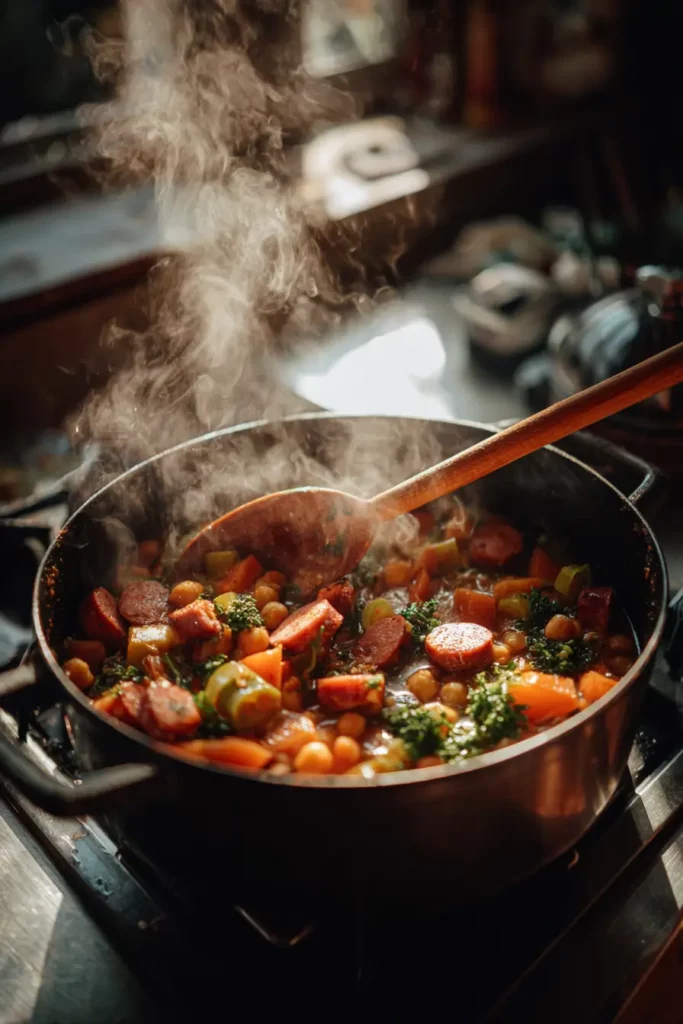 Cocotte en train de mijoter un ragout de pois chiches à la saucisse fumée, remuée à la cuillère en bois