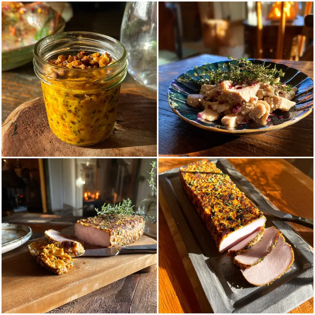 Quatre recettes de charcuterie maison posées sur une table rustique