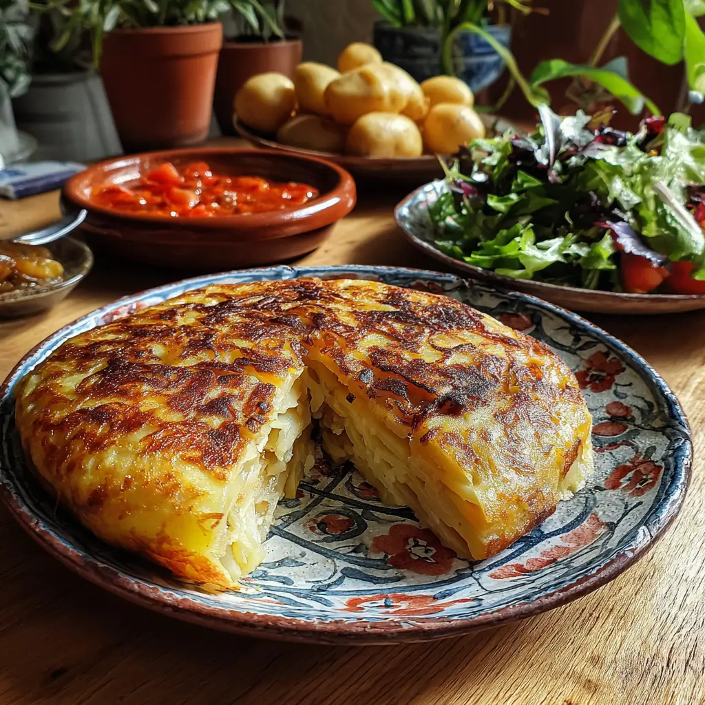 Part de tortilla accompagnée de salade verte et sauce tomate aux olives.
