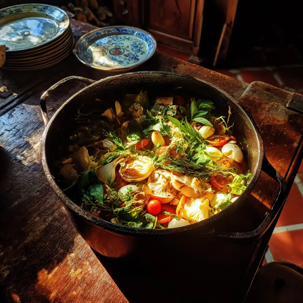 Cocotte en fonte remplie de tripes, légumes et aromates prête à cuire.