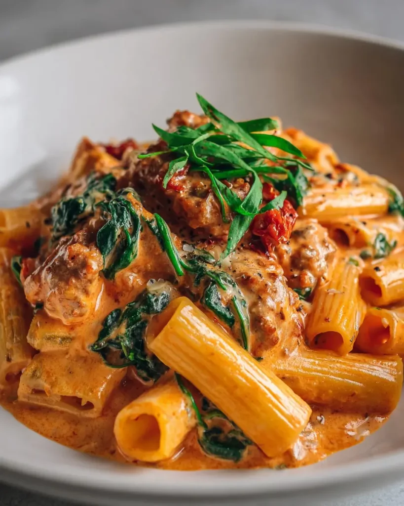 Rigatoni Crémeux à la Saucisse, Épinards, Ail et Sauce Tomate